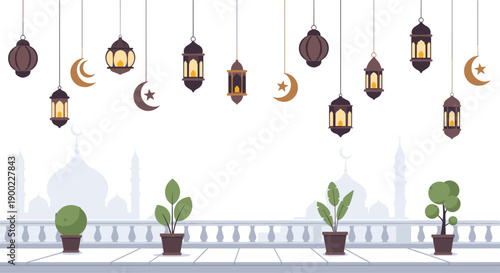 Elegant balcony scene with potted plants and decorative hanging lanterns, crescent moons, against a faint mosque