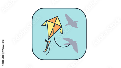 Colorful kite with string and bow, flying near two gray birds, contained in a teal box
