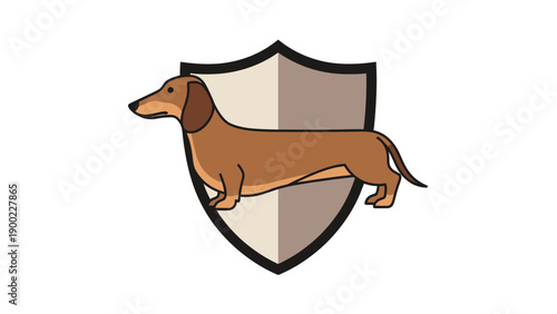 A brown dachshund stylized dog icon within a shield-shaped design, set against a white backdrop