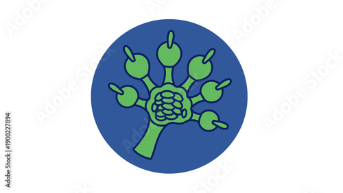 A green, stylized shape with appendages inside a blue circle on a white background