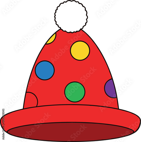 Vibrant red party hat with colorful polka dots and white pom pom