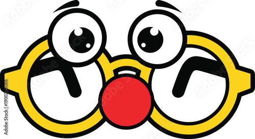 Funny cartoon clown face with oversized glasses and red nose