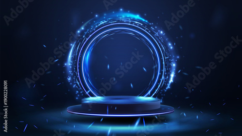 Blue, glowing, circular, flying stage with a dark background. The podium is empty and the background is dark
