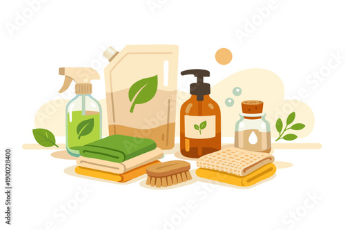 Cleaning supplies arranged on a table with bottles, cloths, and brushes, showcasing eco-friendly products and tools for home cleaning tasks