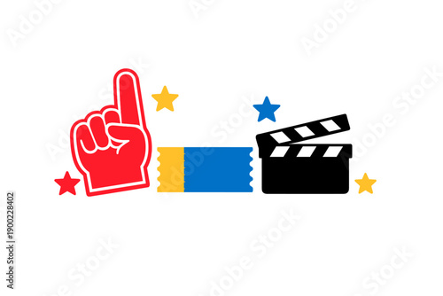 Celebration of cinema with a foam finger, film clapper, and tickets in bright colors in a festive atmosphere for a movie event or premiere
