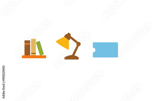 Books on a shelf, a lamp, and a blue card placed in a simple arrangement on a white background during daylight hours