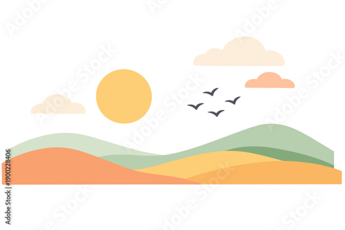Sun sets behind hills with clouds and birds flying in the sky during late afternoon