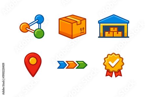 Various icons representing delivery, logistics, and location services showing package handling and tracking in a simple visual format