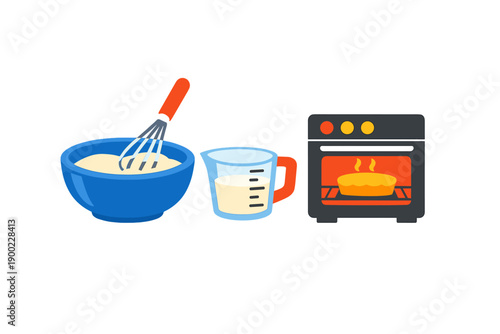 Mixing batter and baking cake in the kitchen with tools and utensils at a home during a sunny afternoon