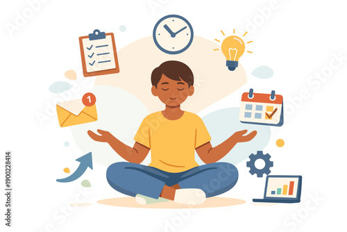 Young person practices mindfulness while managing tasks in a home office setting during daytime