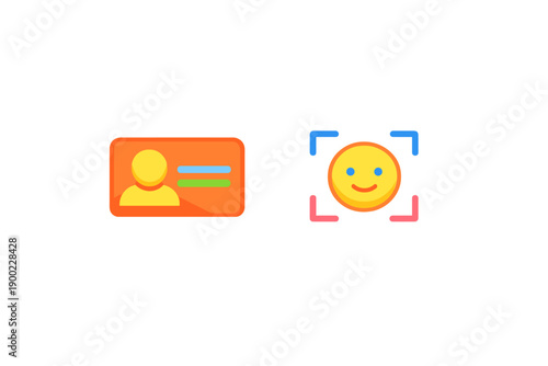 Digital identity card and smiling face emoji showing connection between personal data and expression in a simple virtual space