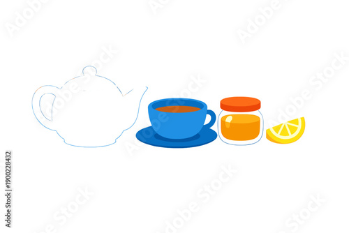 Tea and honey with lemon slice on table during afternoon tea time in a cozy kitchen