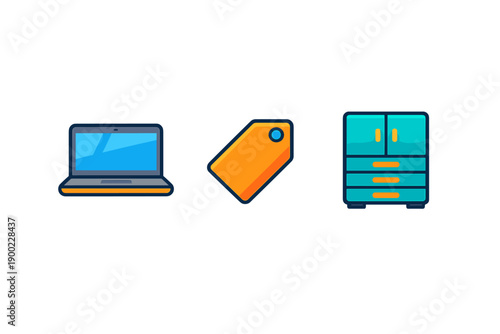 Different types of items include a laptop with a blue screen, an orange tag, and a cabinet with drawers displayed together for sale or promotion