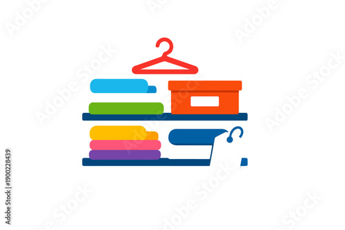 Colorful storage system with shelves holding folded towels, boxes, and a tag in a neat arrangement in a room during daylight hours