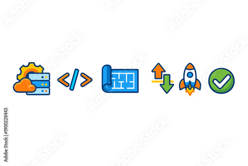 Cloud storage and application development process with server, blueprint, rocket, and checkmark icons showing infrastructure and deployment steps