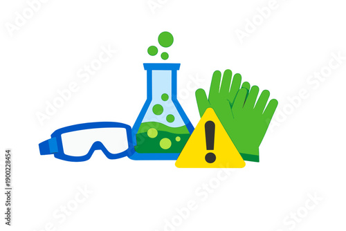 Safety gear and lab equipment used in experiments with warning signs and protective items during science activities