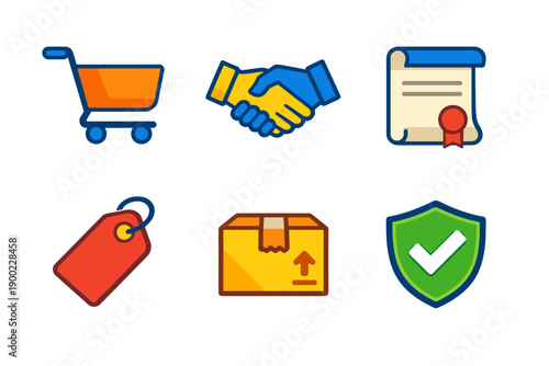 Icons represent shopping, agreement, certification, pricing, delivery, and safety in a simple graphic for online retail operations and services