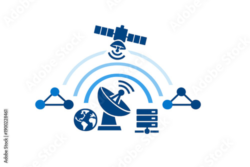 Satellite communication system connects Earth to satellites and data networks for global data transmission