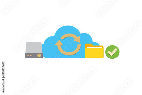 Cloud storage graphic shows server, cloud, folder, and check mark representing data backup and synchronization process in digital storage