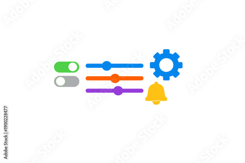 User interface elements such as switches, sliders, a gear icon, and a bell icon displayed on a simple background
