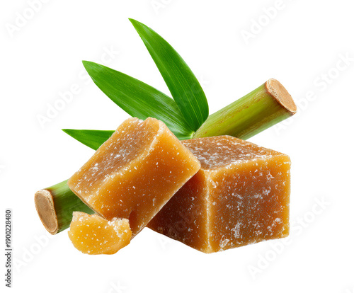 Brown sugar blocks, fresh sugarcane, and leaves are presented as natural sweeteners with a rich, earthy texture and color, highlighting their organic origin and traditional processing.