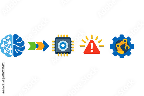 Graphic shows a sequence of symbols representing concepts related to artificial intelligence, technology processes, and potential warnings, all arranged in a line