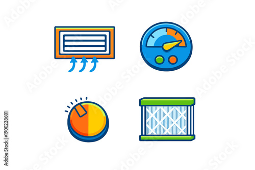 Various symbols of air conditioning components shown with clear design and colors on a simple background