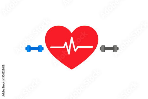 Heart symbol with heartbeat line and dumbbells on each side shows connection between fitness and health