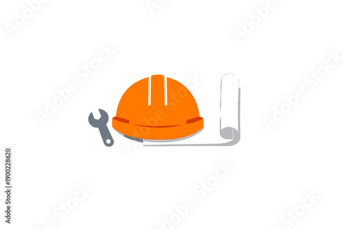 Construction tools are placed on a table with a hard hat and a wrench next to a rolled blueprint during a planning session in a construction site