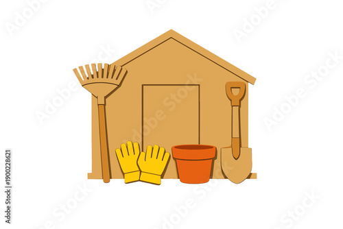 Garden shed with tools and gloves ready for spring gardening activities in a backyard setting