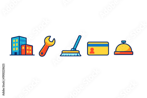 Icons represent building maintenance activities for property management in a simple design