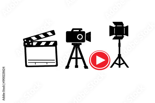 Film production tools show clapperboard, video camera, light, and play button on a plain background highlighting media creation