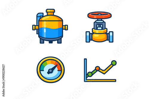Icons represent water system components and data trends in an industrial setting showing a tank, valve, gauge, and graph