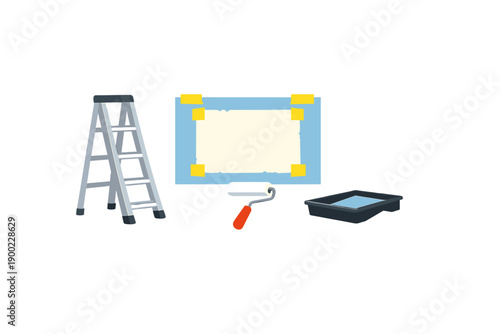 DIY home improvement project showing tools and materials for painting walls during a weekend at home