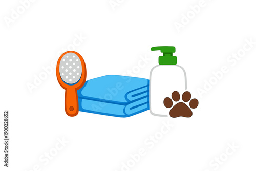 Supplies for pet grooming on a white background, including a brush, towels, shampoo, and a paw print symbol