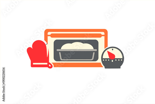 Oven with baking tray and timer showing a cooking scene in a kitchen with mittens nearby during mid-afternoon