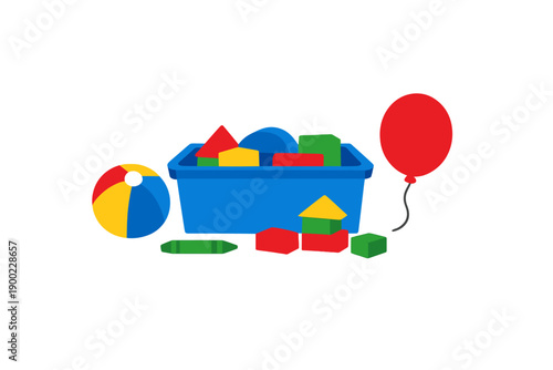 Colorful toys are arranged next to a blue bin filled with building blocks, a beach ball, and a red balloon in a play area