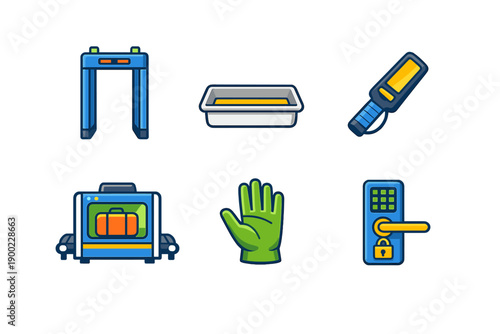 Security equipment used at checkpoints for travel and transportation safety featuring a metal detector, trays, flashlight, scanner, glove, and keypad lock