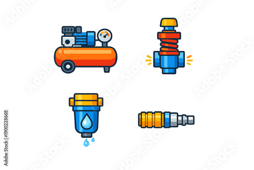 Different types of tools used in plumbing and air compressor systems for various applications and repairs