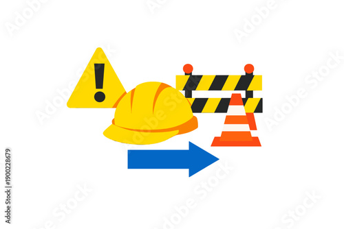 Construction activities take place with safety signs, helmets, and barriers guiding workers at a work site during the day