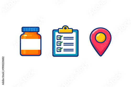 Symbols of health management with a medicine bottle, checklist, and location marker showing importance of medication and adherence
