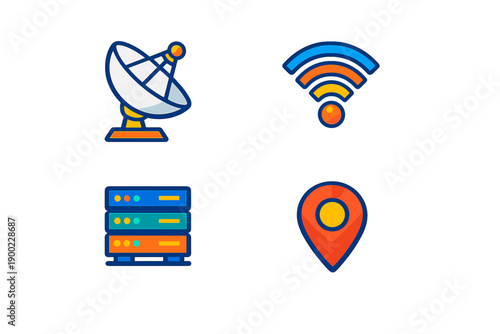 Various communication and technology icons are shown, including satellite dish, wifi symbol, server, and location marker, illustrating modern connectivity in the digital age