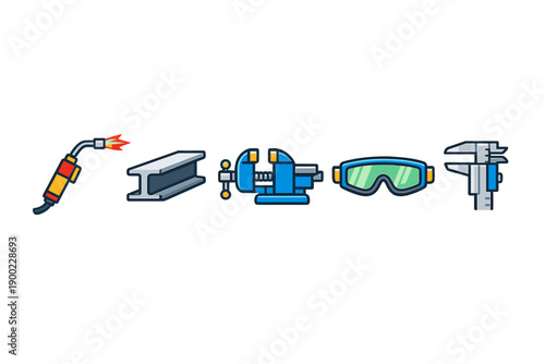 Different tools used in metalworking and fabrication activities including welding torch and caliper seen in a workshop setting