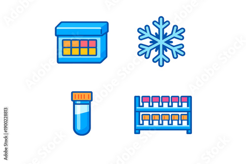 Different items related to science and laboratory work shown in blue tones including a box, snowflake, test tube, and rack