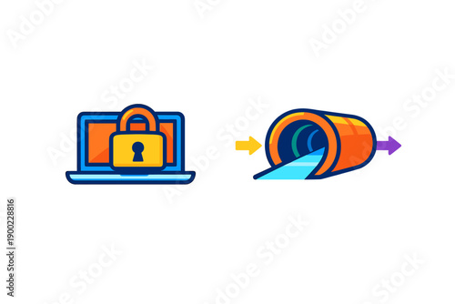 Network security graphic showing a locked laptop beside a data tunnel explaining data flow and protection measures in digital communication