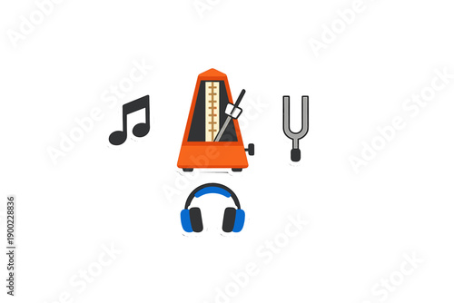 Musicians use metronome, music notes, tuning fork, and headphones for practice and timing in a studio setting during a daily session