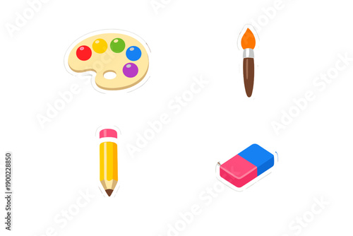 Art supplies on a white background showing a palette, paintbrush, pencil, and eraser used for creative activities like drawing and painting