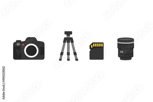 Equipment used for photography including a camera, tripod, memory card, and lens on a simple white background