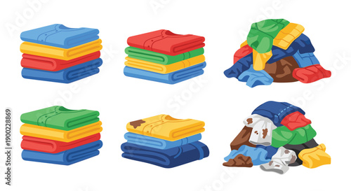 Collection of neatly folded clean clothes stacks alongside messy dirty garments, illustrating laundry process stages.
