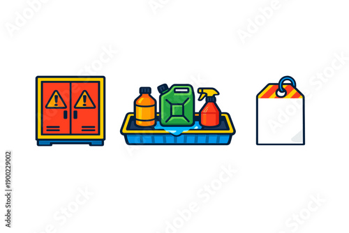 Warning signs show safety equipment and cleaning supplies in a storage area during a workday in a warehouse